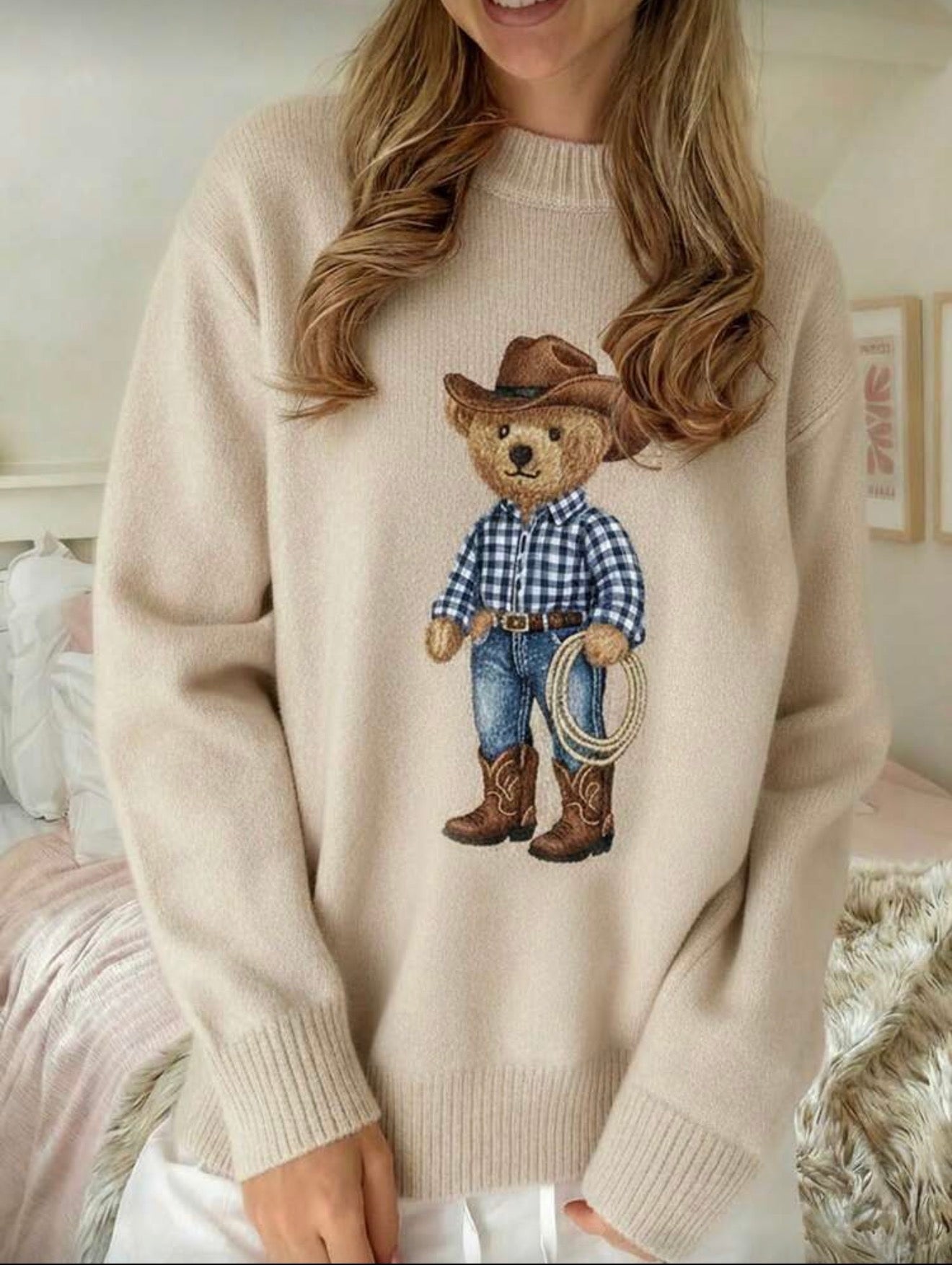 Sueter estamapado de oso vaquero